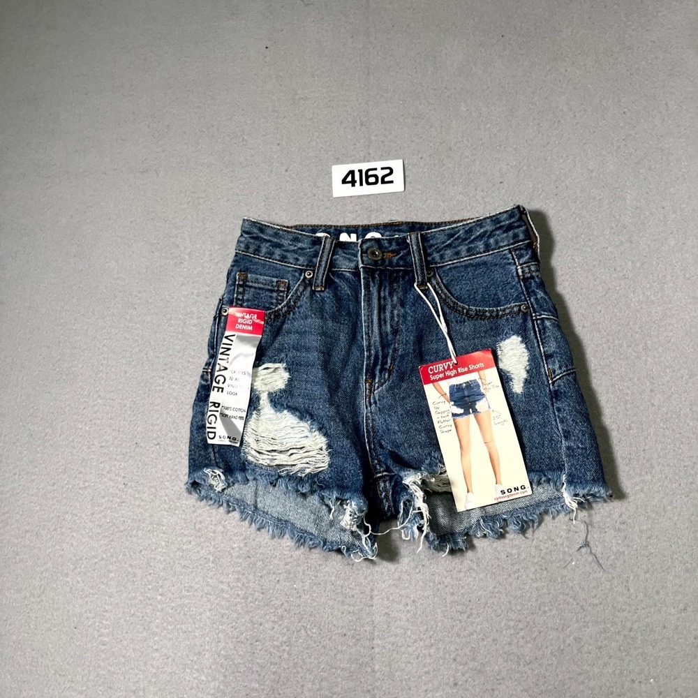 S.O.N.G. Shorts Womens 00/23 Blue Denim Distressed Curvy Super High Rise Cotton